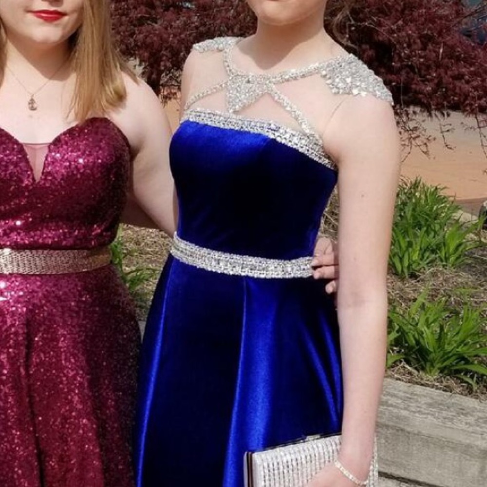 Navy blue velvet prom dress